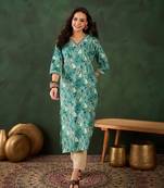Light sea green embroidered cotton v neck kurtas and kurtis