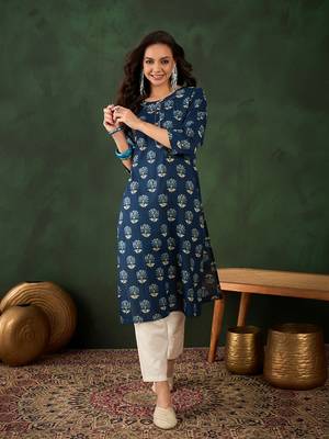 Dark blue printed cotton round neck kurtas and kurtis 1