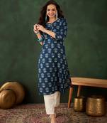 Dark blue printed cotton round neck kurtas and kurtis