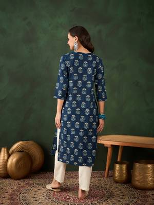 Dark blue printed cotton round neck kurtas and kurtis 2