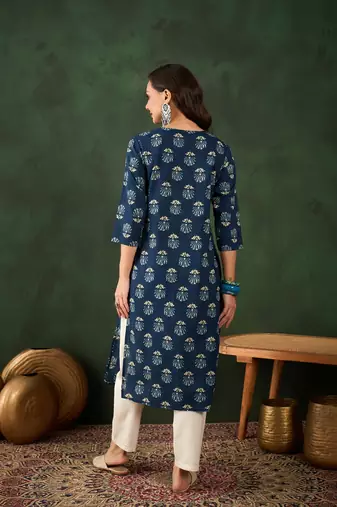 Dark blue printed cotton round neck kurtas and kurtis