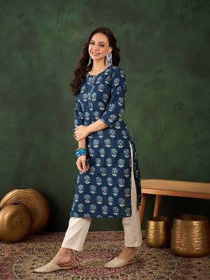 Dark blue printed cotton round neck kurtas and kurtis 3