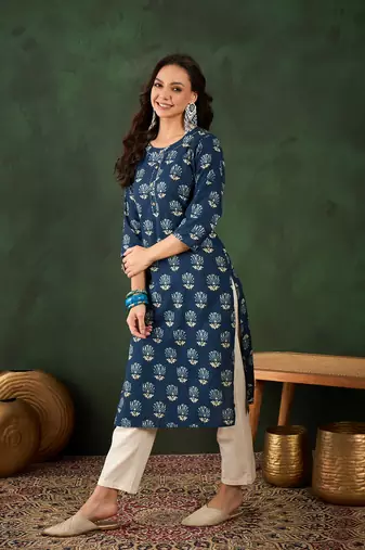 Dark blue printed cotton round neck kurtas and kurtis