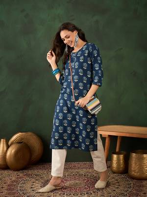 Dark blue printed cotton round neck kurtas and kurtis 4