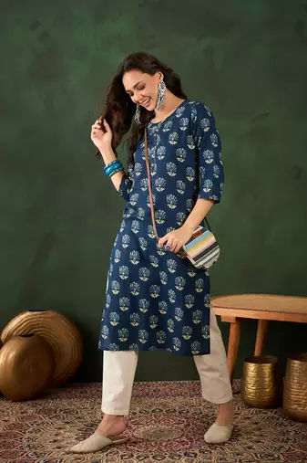 Dark blue printed cotton round neck kurtas and kurtis