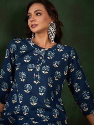 Dark blue printed cotton round neck kurtas and kurtis 5
