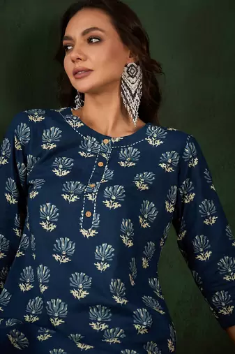 Dark blue printed cotton round neck kurtas and kurtis