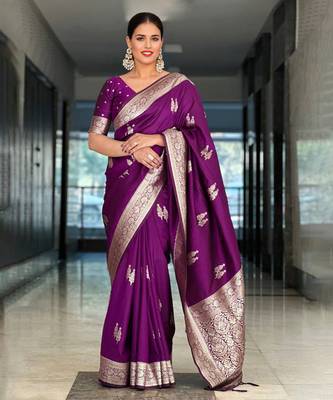 Purple Faux Banarasi silk saree with blouse piece 1