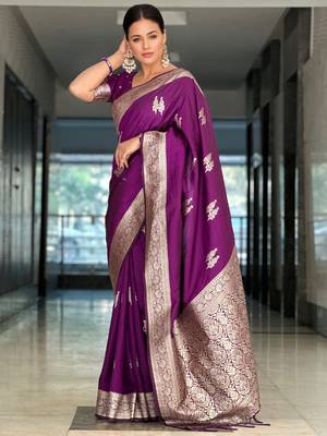 Purple Faux Banarasi silk saree with blouse piece 2