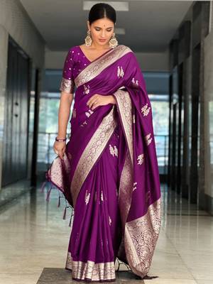 Purple Faux Banarasi silk saree with blouse piece 5
