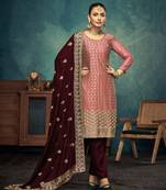 Peach premium embroidered with servoswaki daimond vichitra silk semi stitched salwar suit