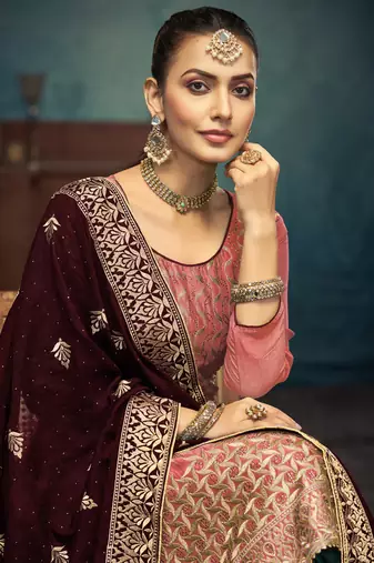 Peach premium embroidered with servoswaki daimond vichitra silk salwar suit