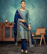 Light teal premium embroidered with servoswaki daimond vichitra silk semi stitched salwar suit