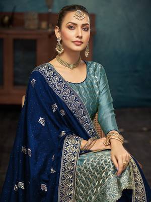Light teal premium embroidered with servoswaki daimond vichitra silk salwar suit 2