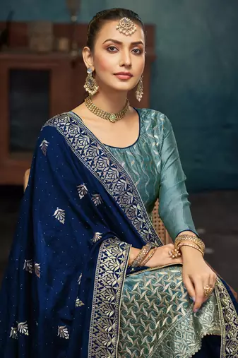 Light teal premium embroidered with servoswaki daimond vichitra silk salwar suit