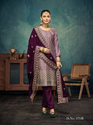 Light purple premium embroidered with servoswaki daimond vichitra silk salwar suit 1
