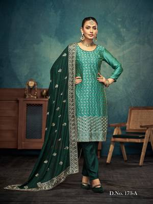 Light green premium embroidered with servoswaki daimond vichitra silk salwar suit 1