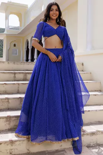 Gorgeous Blue Laheriya Print Georgette Wedding Wear Lehenga Choli