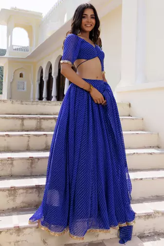 Gorgeous Blue Laheriya Print Georgette Wedding Wear Lehenga Choli