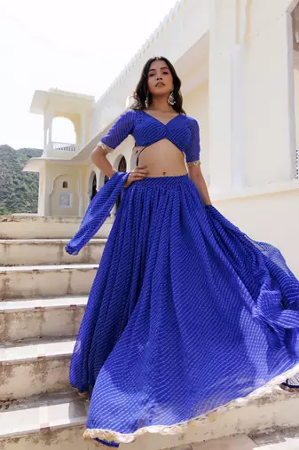 Gorgeous Blue Laheriya Print Georgette Wedding Wear Lehenga Choli