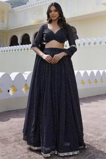 Incredible Black Laheriya Print Georgette Wedding Wear Lehenga Choli