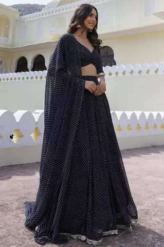 Incredible Black Laheriya Print Georgette Wedding Wear Lehenga Choli