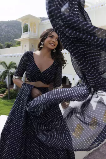 Incredible Black Laheriya Print Georgette Wedding Wear Lehenga Choli