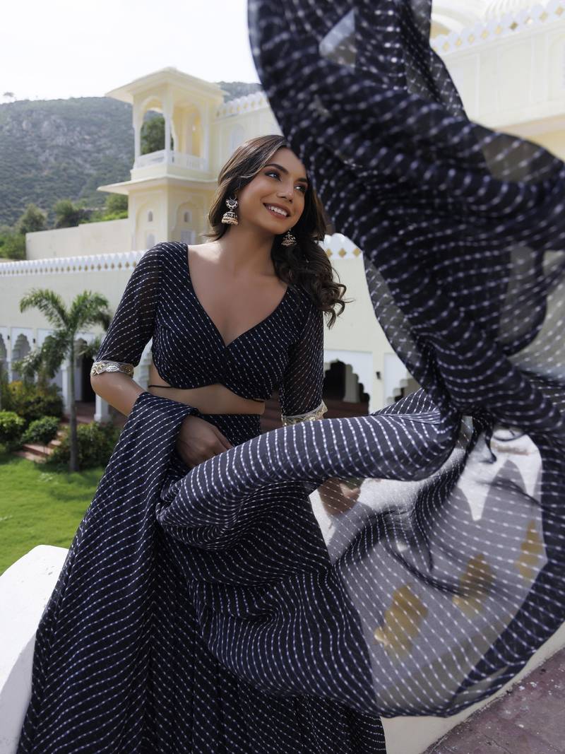 Incredible Black Laheriya Print Georgette Wedding Wear Lehenga Choli