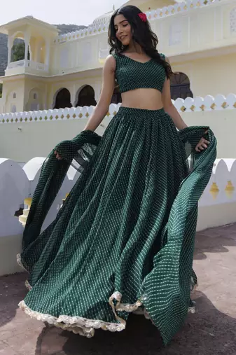Wonderful Green Laheriya Print Georgette Wedding Wear Lehenga Choli