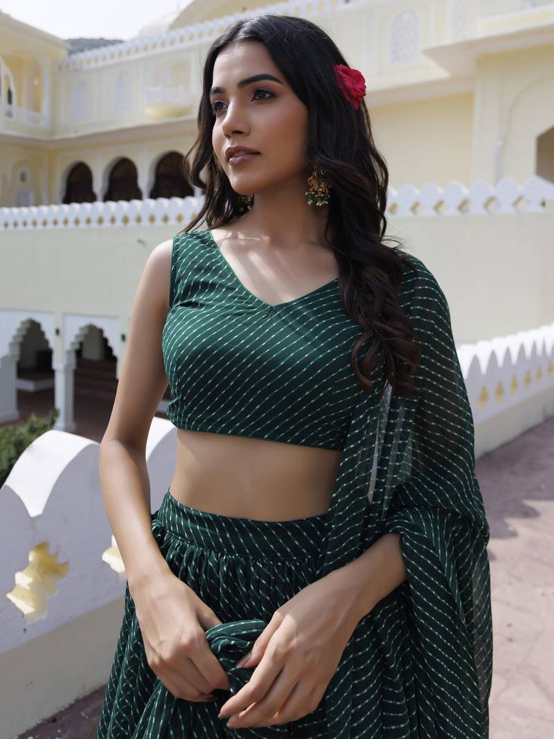 Wonderful Green Laheriya Print Georgette Wedding Wear Lehenga Choli