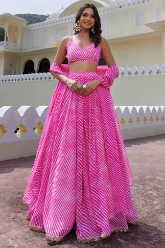 Awesome Pink Laheriya Print Georgette Wedding Wear Lehenga Choli