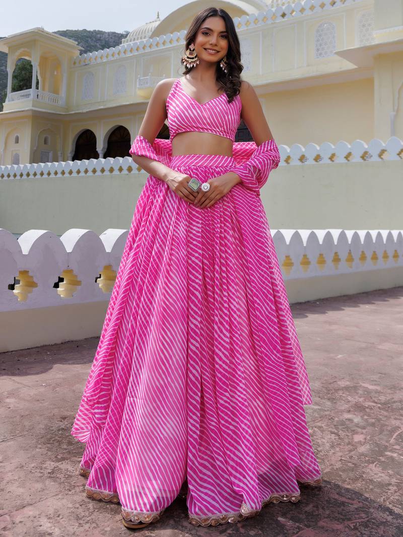 Awesome Pink Laheriya Print Georgette Wedding Wear Lehenga Choli
