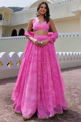 Awesome Pink Laheriya Print Georgette Wedding Wear Lehenga Choli