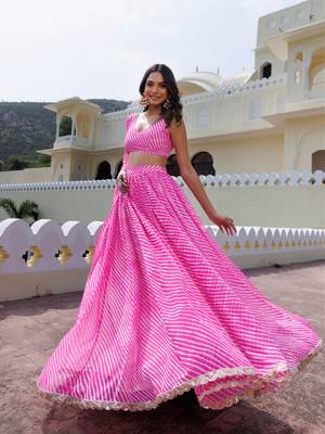Awesome Pink Laheriya Print Georgette Wedding Wear Lehenga Choli 2