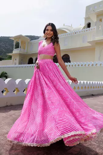 Awesome Pink Laheriya Print Georgette Wedding Wear Lehenga Choli