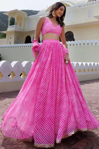 Awesome Pink Laheriya Print Georgette Wedding Wear Lehenga Choli