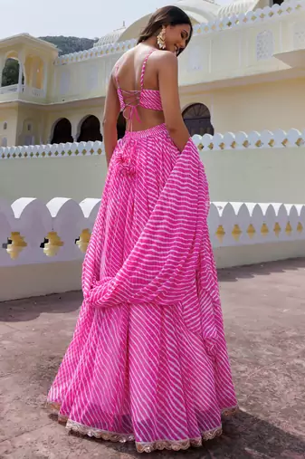 Awesome Pink Laheriya Print Georgette Wedding Wear Lehenga Choli