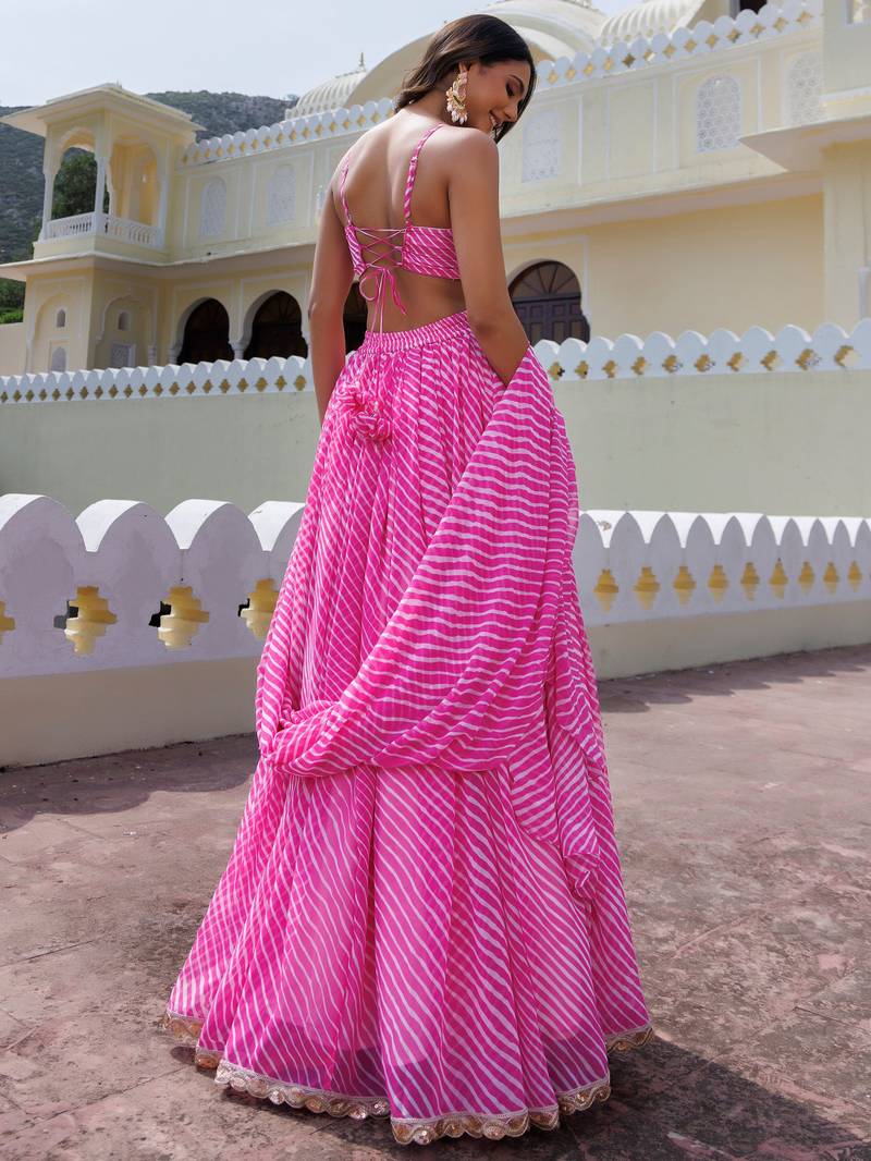 Awesome Pink Laheriya Print Georgette Wedding Wear Lehenga Choli