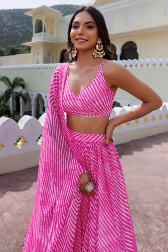 Awesome Pink Laheriya Print Georgette Wedding Wear Lehenga Choli