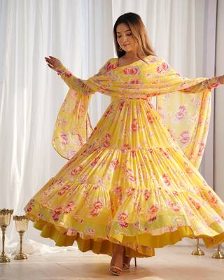 Fox Georgette Floral Print Fabric Fully Flair Anarkali Kurti, With Duppta And Pent 1
