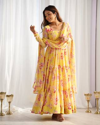 Fox Georgette Floral Print Fabric Fully Flair Anarkali Kurti, With Duppta And Pent 4