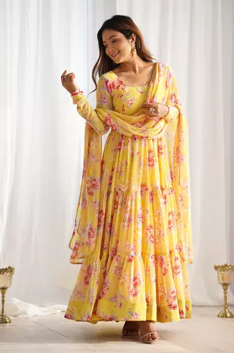 Fox Georgette Floral Print Fabric Fully Flair Anarkali Kurti, With Duppta And Pent