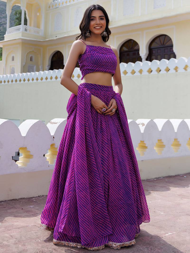 Lovely Purple Laheriya Print Georgette Wedding Wear Lehenga Choli