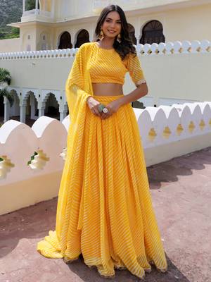 Amazing Yellow Laheriya Print Georgette Wedding Wear Lehenga Choli 1