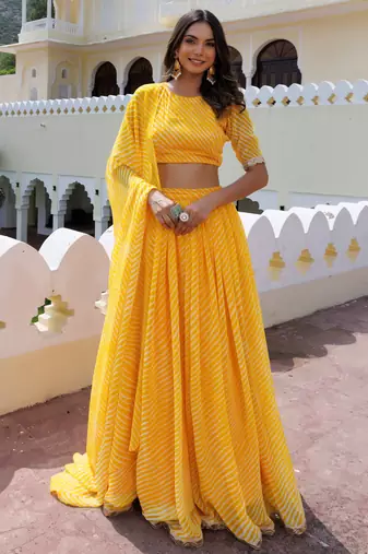 Amazing Yellow Laheriya Print Georgette Wedding Wear Lehenga Choli