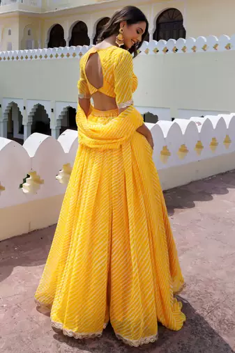 Amazing Yellow Laheriya Print Georgette Wedding Wear Lehenga Choli