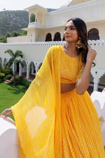 Amazing Yellow Laheriya Print Georgette Wedding Wear Lehenga Choli