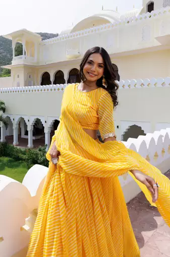Amazing Yellow Laheriya Print Georgette Wedding Wear Lehenga Choli