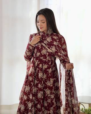 Georgette Multi Floral Print Fabric With Fully Flair Kurti, With Pant And Dupatta 1