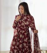 Georgette Multi Floral Print Fabric With Fully Flair Kurti, With Pant And Dupatta